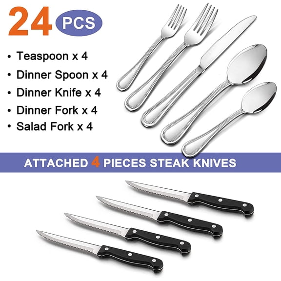 UYGDUY-24-Piece Silverware Set with Steak Knives for 4, Stainless Steel Flatware Cutlery Set for Kitchen Restaurant Hotel, Fancy Eating Utensils Tableware with Beaded Edge, Dishwasher Safe