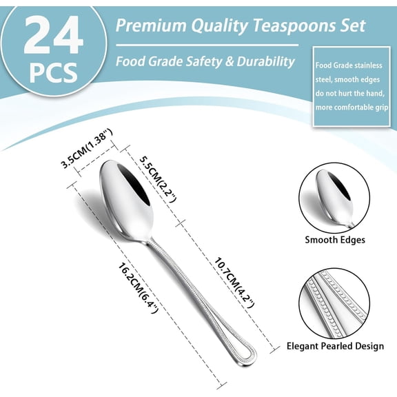 UYGDUY-24 Pieces Teaspoons Set, 6.4 Inches Spoon Set, Stainless Steel Silverware, Small Spoons with Pearl Dot Design Handle, Dishwasher Safe, Tea Spoons Suitable for Home and Restaurant