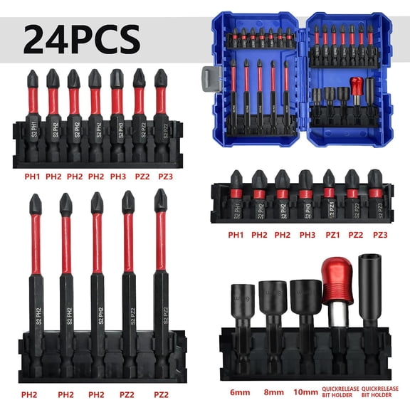 UYGDUY-24PCS Impact Screwdriver bit Set Phillips, Pozi,Hex Shank S2 Steel,Magenetic Nut Driver Set for Impact Drills and Power Screwdrivers,Retractable Bit Holder and Extendable bit Holder