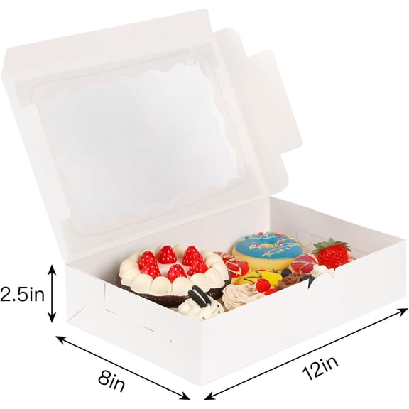 UYGDUY-24pcs Bakery Boxes, 12x8x2.5 Inches,Treat Boxes with Window for Chocolate Covered Strawberries, Pastries, Cookies, Desserts, Donuts and Muffins