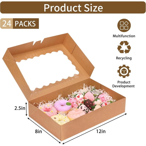 UYGDUY-24pcs Bakery Boxes with Window, 12x8x2.5 Inches Auto-Popup Cookie Boxes for Muffins and Pastries (Brown)