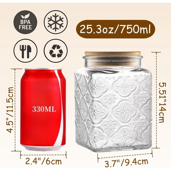 UYGDUY-25.3 FL OZ Square Glass Jar, Glass Storage Canister with Airtight Lid, Glass Food Storage Containers for Candy, Coffee, Tea, Canning, Cute Jar (Square Begonia)