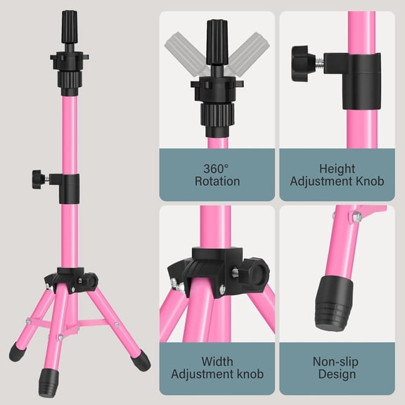 UYGDUY-25 Inch Mannequin Head Stand Tripod for Mannequin Head Wig Stand Tripod Wig Head Stand for Training Heads and Canvas Block Head (Mannequin Head Not Included,Pink)