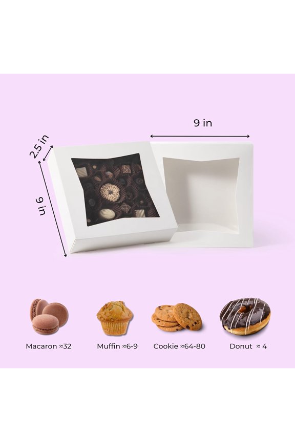 -[25 Pack] Pie Boxes with Window 9x9x2.5 White Pastry Boxes Auto Pop-up Bakery Containers for Dessert, Cookies, Cheesecake Treat Box for Packaging