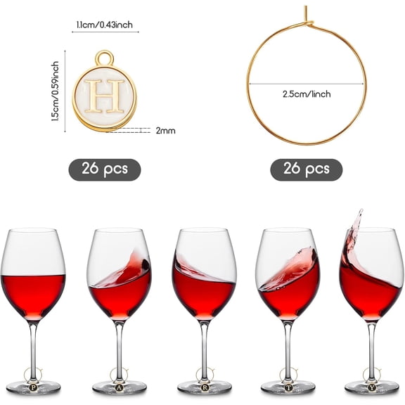 UYGDUY-26 Pieces 25mm Wine Charms for Stem Glasses with Rings Tags Metal Letters Glass Charm Markers Letters Beads Markers for Wine Cocktail Champagne Party Favors DIY Decorations