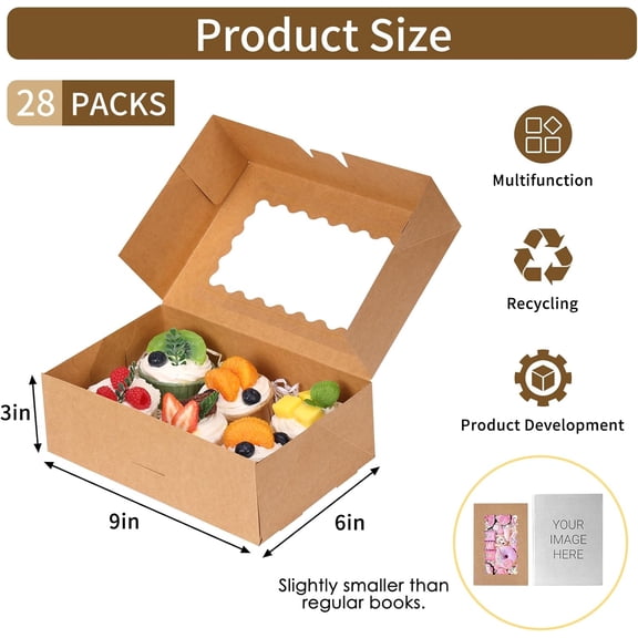 UYGDUY-28pcs Cookie Boxes with Window, 9x6x3 Inch Brown Bakery Boxes Pastry Containers for Chocolate Covered Strawberries, Candy, Muffins, Donuts