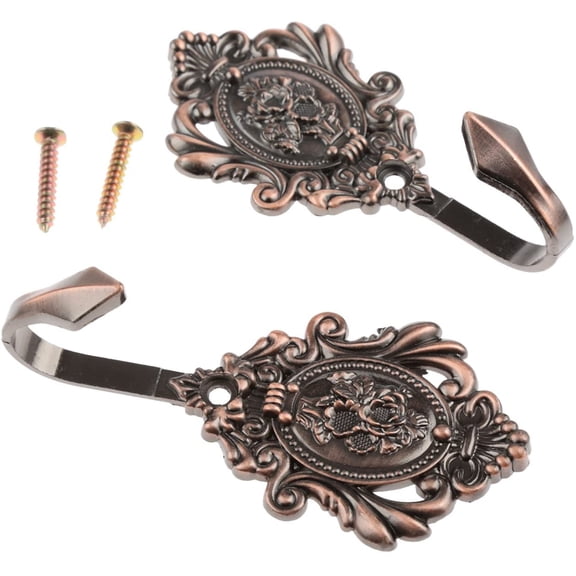 UYGDUY-2Pcs Wall Hooks Red Copper Rose Pattern Carved Vintage Drapery Clothes Key Hook Bathroom Bedroom Multi-Function Decorative Hook with Screws