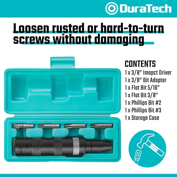 UYGDUY-3/8 Inch Drive Manual Impact Driver, Reversible Hand Screwdriver Set, with S2 Steel Bits, 5-Piece, for Tighten/Rusted Fasteners, Organized in Storage Case
