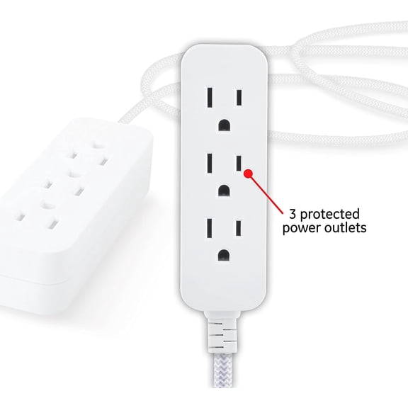 UYGDUY-3-Outlet Power Strip 15 Ft Braided Extension Cord with Multiple Outlets Grounded Flat Plug ETL Listed White 40530