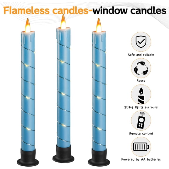 UYGDUY-3 Pack Blue Dripping Wax Flameless Candles, Realistic Dynamic Flame LED Taper Candles with Surrounding Fairy String Lights, Remote Control Battery Operated Candles for Home Wedding Holiday Dec