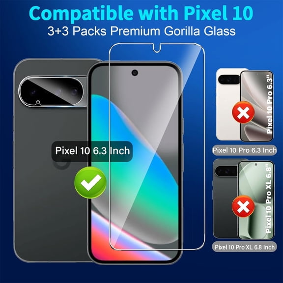 UYGDUY-3 Pack for Google Pixel 10 Screen Protector Tempered Glass + 3 Pack Camera Lens Protector, Military Grade Shatterproof, 9H Hardness, Fingerprint Unlock,Case Friendly 6.3 Inch
