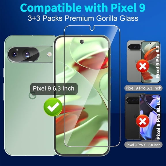 UYGDUY-3 Pack for Google Pixel 9 Screen Protector Tempered Glass + 3 Pack Camera Lens Protector, Military Grade Shatterproof, 9H Hardness, Fingerprint Unlock,Case Friendly 6.3 Inch