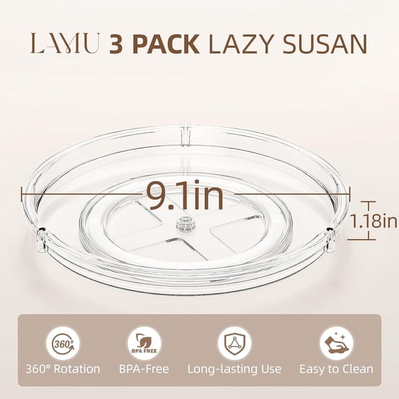 UYGDUY-3 Pack Lazy Susan Organizer, 9'' Clear Lazy Susan Turntable for Cabinet, Fridge, Kitchen, Pantry, Countertop, Table Top, Refrigerator Organizers and Storage, Seasoning and Spice Organizer