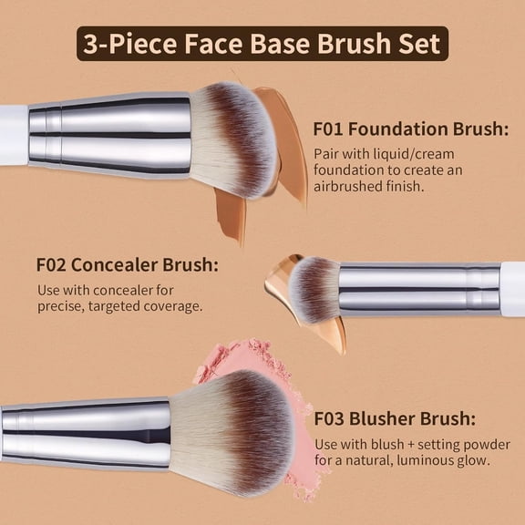 UYGDUY-3 Pcs Panda Foundation Brush Set, Premium Synthetic Brushes with Contour Foundation, Concealer & Blush Brushes, Professional Travel Makeup Kit for Face Makeup (White)