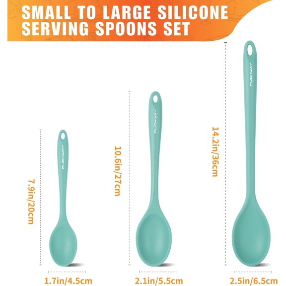 UYGDUY-3 Pcs Silicone Spoons Set of 7.9 10.6 14.2 inch for Cooking, Heat Resistant Kitchen Spoons for Mixing, Stirring, and Serving, Small to Large Non Stick (Green)