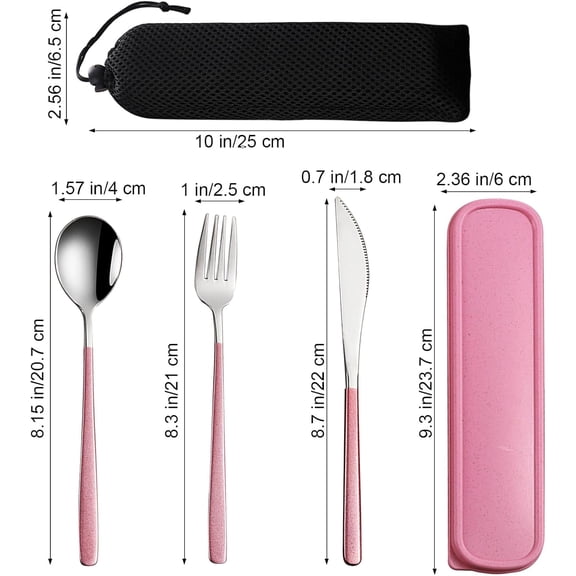 UYGDUY-3-Piece Portable Travel Utensils Set with Case 18/8 Stainless Steel Flatware Set Reusable Cutlery Set with Fork Spoon Knife for Lunch Travel Camping School Work Picnic (Pink)