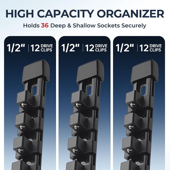 UYGDUY-3-Piece Socket Organizer - 1/2-Inch Drive x 36 Clips, Heavy Duty ABS Socket Holder with Removable End Caps, Premium Socket Rail for Tool Box Drawer