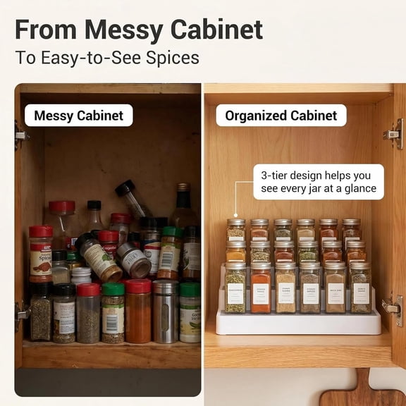UYGDUY-3 Tier Spice Rack Organizer for Cabinet, 3 Pack Non-Slip Spice Rack Shelf Organizer, Holds 24+ Jars, Plastic Spice Organizer for Cabinet, Pantry & Kitchen Countertop, White