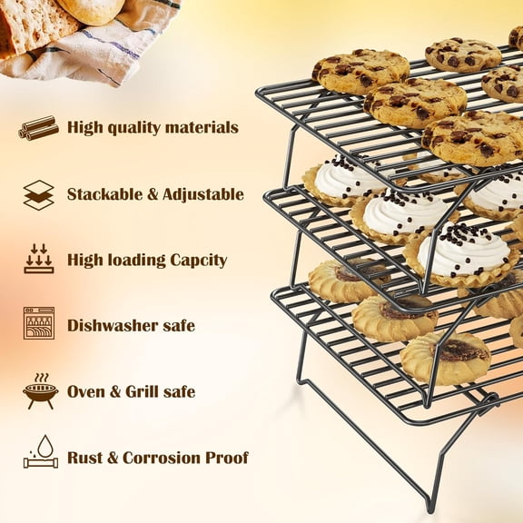 UYGDUY-3 Tier Stackable Cooling Rack for Batch Cooling Cookie, Pizza, Cake-15.8x 10- Heavy Duty Cooling Racks for Cooking and Baking, Oven and Dishwasher Safe Baking Supplies-Black