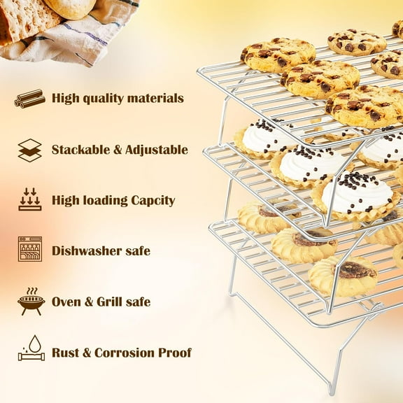 UYGDUY-3 Tier Stackable Cooling Rack for Batch Cooling Cookie, Pizza, Cake-15.8x 10- Heavy Duty Cooling Racks for Cooking and Baking, Oven and Dishwasher Safe Baking Supplies-Silver