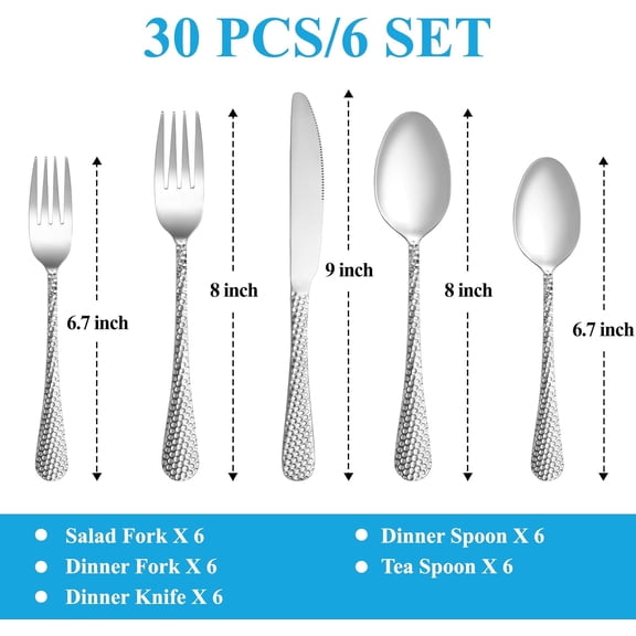 UYGDUY-30 Pcs Hammered Silverware Set Service for 6,Stainless Steel Flatware Set,Mirror Polished Cutlery Utensil Set,Durable Home Kitchen Eating Tableware Set,Include Fork Knife Spoon Set,Dishwasher