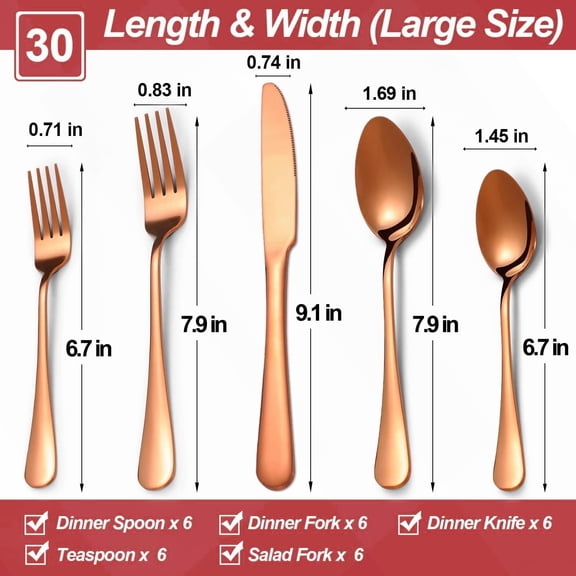 UYGDUY-30 Pcs Rose Gold Silverware Set for 6, Food Grade Stainless Steel Flatware Set, Eating Utensils Sets Include Fork/Knife/Spoon, Reusable Cutlery Set for Home Kitchen, Dishwasher Safe, Round Edg