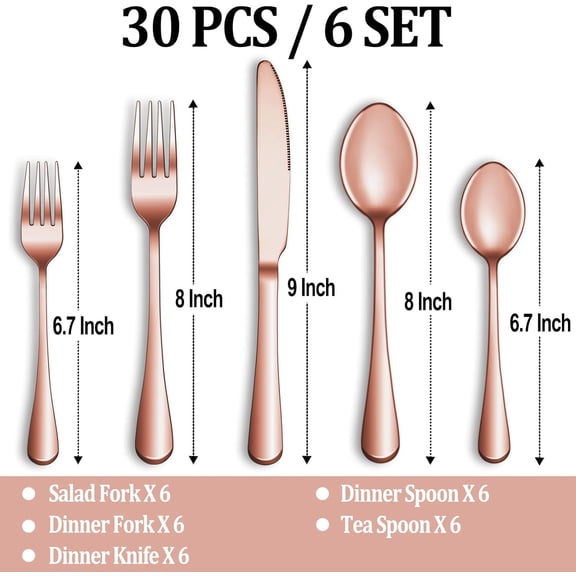 UYGDUY-30 Pcs Rose Gold Silverware Set Service for 6, Premium Stainless Steel Flatware Set, Cutlery Utensil Set, Durable Home Kitchen Eating Tableware Set, Include Fork Knife Spoon Set, Dishwasher Sa