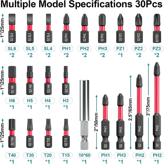UYGDUY-30Pcs Screwdriver Bit Set, S2 Steel Impact Bits with Magnetic Phillips, Slotted, Torx, Hex & Allen, Storage Case Included, for Electric Drills, Power Screwdrivers, DIY, Woodworking, Constructi