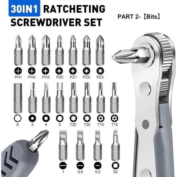 UYGDUY-30in1 Right Angle Screwdriver, 36-Tooth Mini Ratchet Wrench, Angle Screwdriver for Tight Spaces, Low Profile Offset screwdrivers, Magnetic Ratchet Screwdrivers Repair Tool