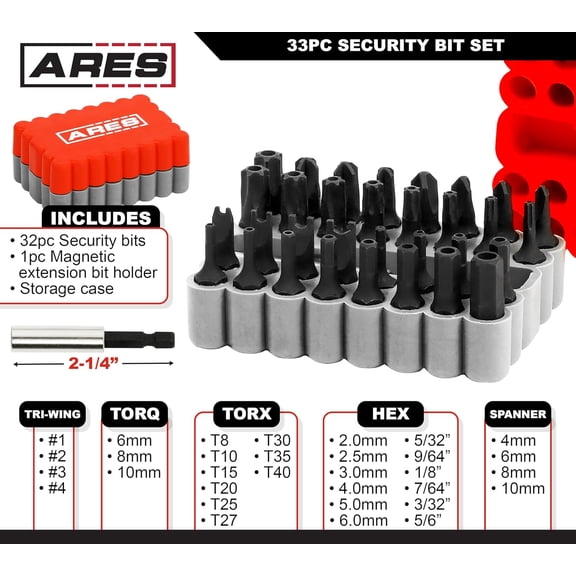 UYGDUY-31009-33-Piece S2 Steel Security Bit Set with Magnetic Extension Bit Holder - Tamper Resistant SAE Hex, Metric Hex, Torq, Spanner, Triwing, and Torx Bits  S2 Steel Offers Maximum Durabil