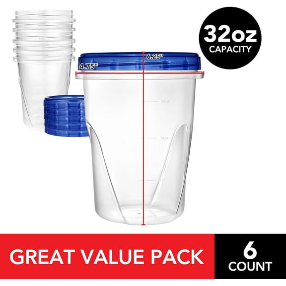 UYGDUY-32oz Plastic Containers with Twist Top Lids (6 Pack), Quart Freezer Containers with Lids for Leftover Food, Airtight Reusable Soup Containers, Microwave and Dishwasher Safe