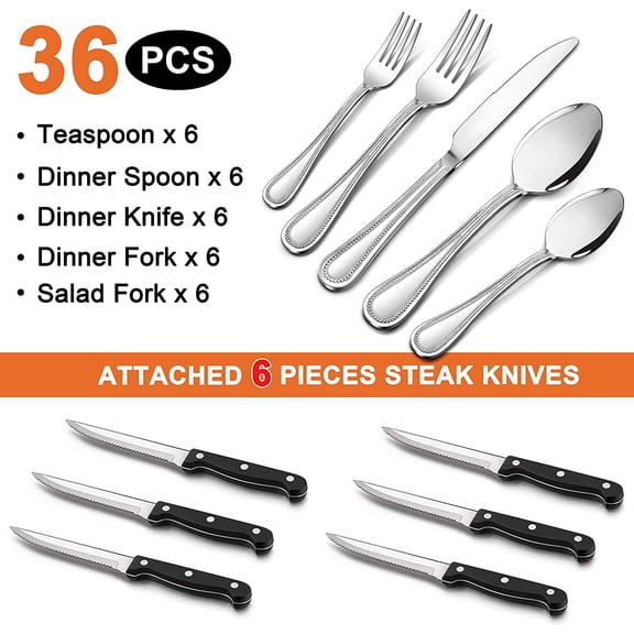 UYGDUY-36-Piece Silverware Set with Steak Knives for 6, Stainless Steel Flatware Cutlery Set for Kitchen Restaurant Hotel, Fancy Eating Utensils Tableware with Beaded Edge, Dishwasher Safe