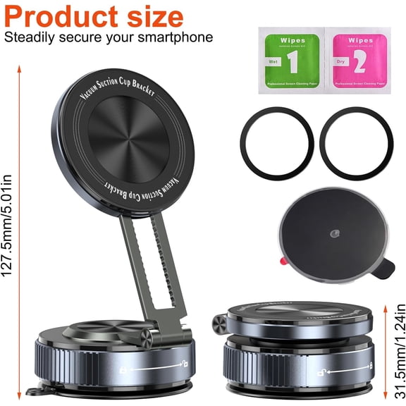UYGDUY-360 Adjustable Magnetic Car Phone Holder, Vacuum Magnetic Phone Holders for Car, Suction Cup Phones Mounts for Magsafe, Cell Phones Holders Compatible with iPhone 17 16 15 14 13 12 Series(Bla