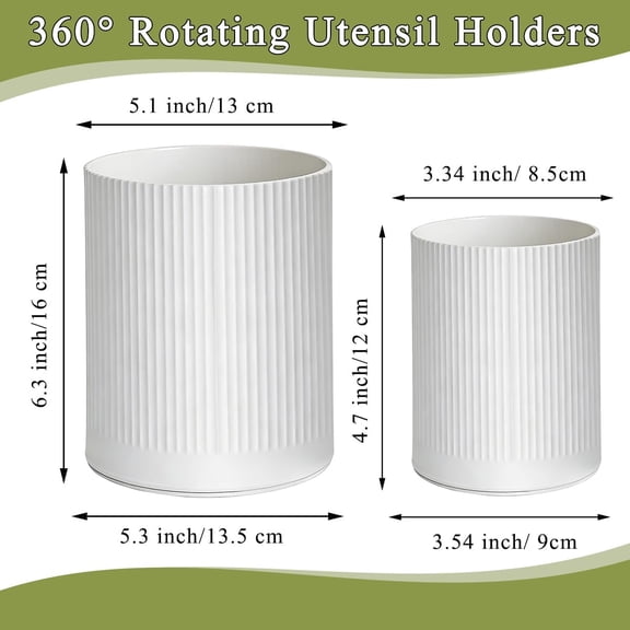 UYGDUY-360 Rotating Utensil Holder, 6.3''+4.7'' Plastic Kitchen Utensil Holder for Countertop, Large Cooking Utensil Crocks for Kitchen Decor, Utensil Organizer for Spatula, Set of 2 (White)