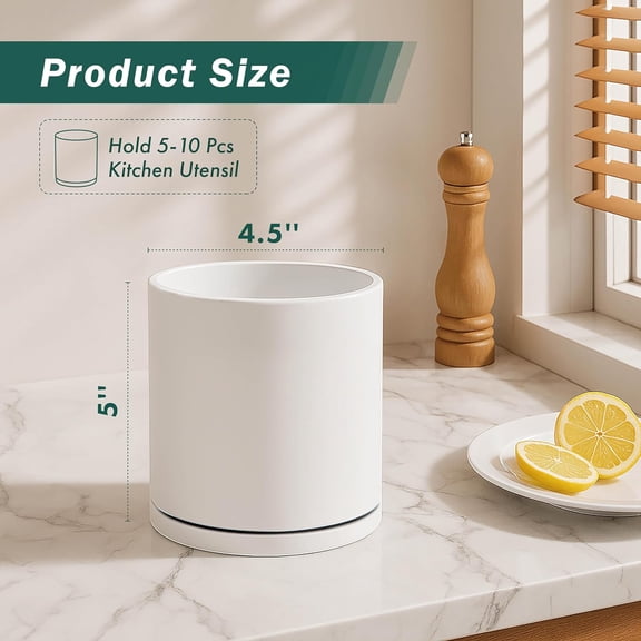 UYGDUY-360 Rotating Utensil Holder  5" Kitchen Utensil Crock for Countertop, Modern Cooking Tool Organizer for Kitchen Storage & Dcor, White, 72-X-A-1