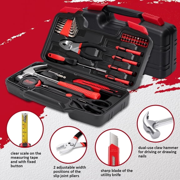 UYGDUY-39-Piece Home Tool Set Durable Household Hand Tool Kit with Hammer, Screwdrivers, Pliers, Wrench, Hex Keys & More  Compact Storage Case for Home Repairs, DIY & Maintenance