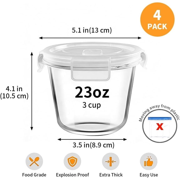 UYGDUY-3Cup Round Glass Food Storage Containers with Airtight lids, 23oz Glass Meal Prep Containers, Heat-Resistant BPA-Free for Soup Leftover, Microwave, Dishwasher and Fridge Safe (white-4Pack)