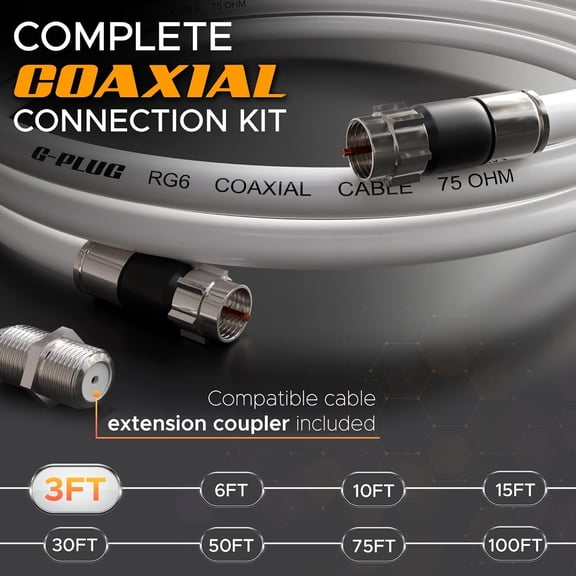 UYGDUY-3FT RG6 Coaxial Cable Connectors Set- High-Speed Internet, Broadband and Digital TV Aerial, Satellite Sky Cable Extension - Weather-Sealed Double Rubber O-Ring and Compression Connectors White