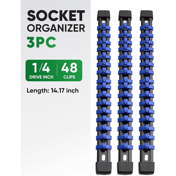 UYGDUY-3PC ABS Socket Organizer, Socket Rails Fit 1/4 inch Drive, Heavy Duty Socket Holders Hold up to 48 Sockets, Black Rails with Blue Clips