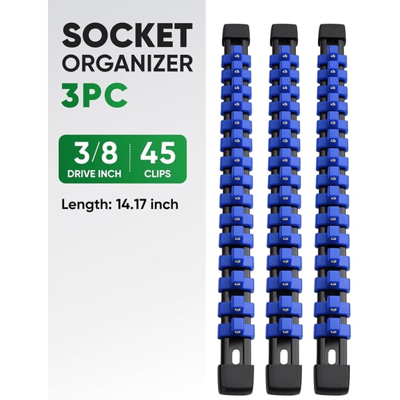 UYGDUY-3PC ABS Socket Organizer, Socket Rails Fit 3/8 inch Drive, Heavy Duty Socket Holders Hold up to 45 Sockets, With Black Rails and Blue Clips