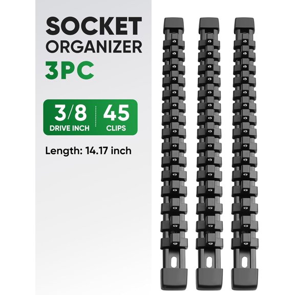UYGDUY-3PC ABS Socket Organizer, Socket Rails Fit 3/8 inch Drive, Heavy Duty Socket Holders Hold up to 45 Sockets, With Black Rails and Clips