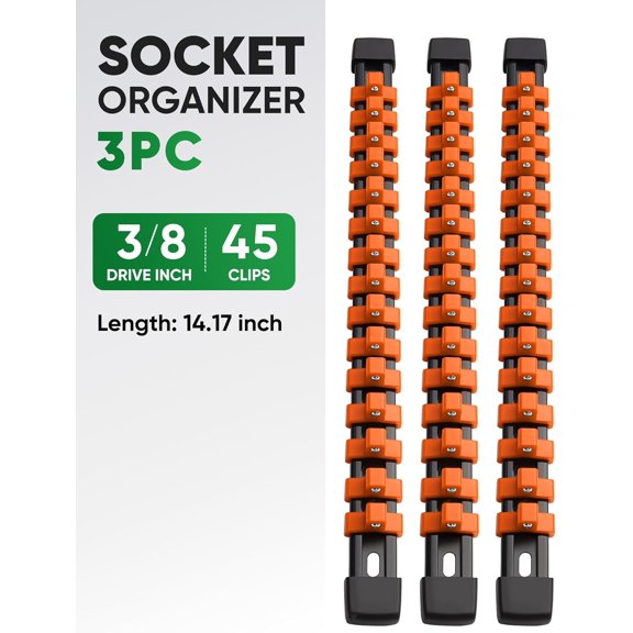 UYGDUY-3PC ABS Socket Organizer, Socket Rails Fit 3/8 inch Drive, Heavy Duty Socket Holders Hold up to 45 Sockets, With Black Rails and Orange Clips