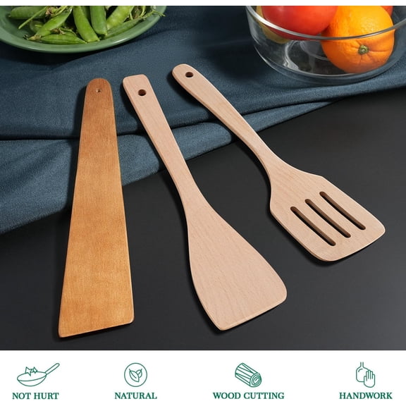 UYGDUY-3Pcs Wooden Spatulas, 12inch Long Handle Slotted Turner Spatula Set, Uncoated Beech Wood Cooking Spoons for Non-Stick Cookware, Kitchen Utensils Set for Frying, Flipping, Scraping and Turning