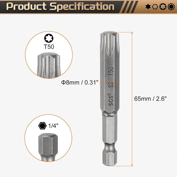 UYGDUY-3pcs T50 Torx Head Screwdriver Bit 1/4" Hex Shank 2.6" (65mm) Long Magnetic No Hole Tip Tamper Proof 6 Point Star Screw Driver Drill Bits S2 Steel Industrial Power Screwdrivers