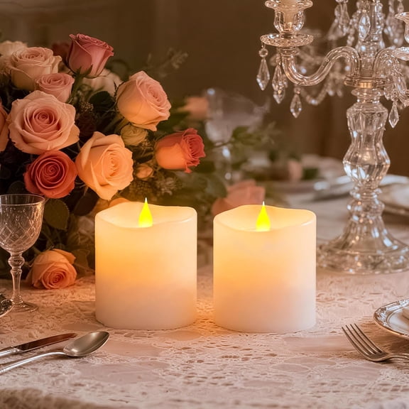 UYGDUY-3x3 Flickering Flameless Candles Set of 2,3 inch Real Wax LED 600 Hours Battery Candles with Timer Remote,Control for Wedding Party Indoor,Ivory
