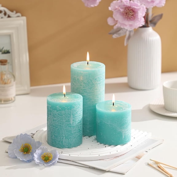 UYGDUY-3x3 Inch Turquoise Pillar Candles Set of 3 - Unscented Candles, Long Clean Burning, Large Big Candles, Smokeless Dripless Pillar Candles for Dinner Table, Wedding, Home, Bathroom, Rustic Decor