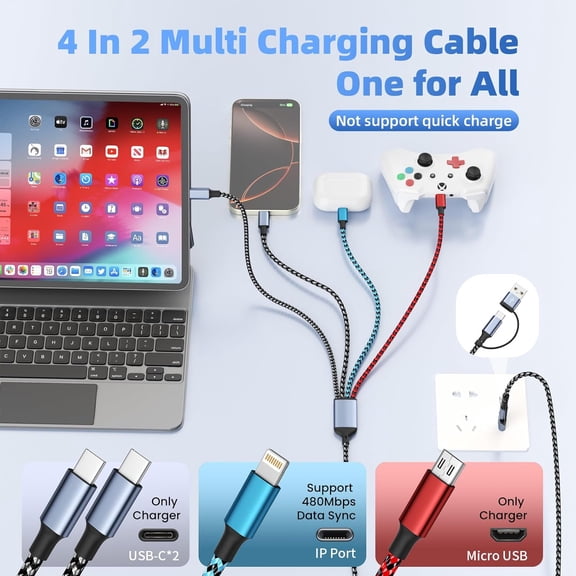 UYGDUY-4 in 2 Multi Charging Cable, USB C Cable with Dual Type-C/IP/Micro USB, USB C to USB A Cable, Phone Charger Cord for iPhone 17/16/15/14, Galaxy, Android Tablet Pad (2Pack 5FT)