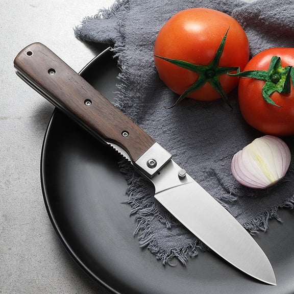 UYGDUY-4.5-Inch Folding Kitchen Knife with Ultra Sharp 440A Stainless Steel Blade and Natural Olive Handle for BBQ, Peeling, Outdoor Camping