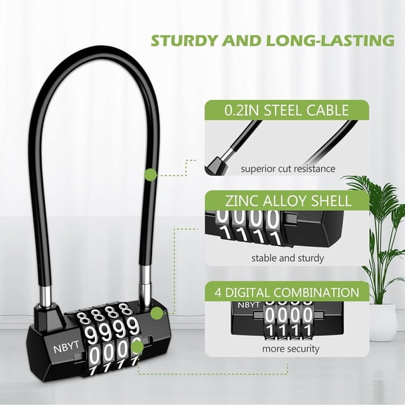 UYGDUY-4 Digit Combination Padlock, Resettable Padlock with Steel Cable Rope, Waterproof Lengthened Gym Lock for School, Employee, Gym, Sports Locker, Gate, Case, Toolbox - 2 Pack
