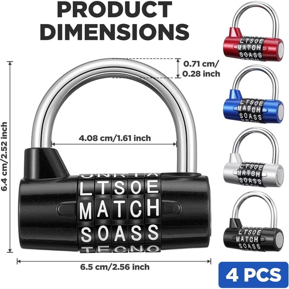 UYGDUY-4 Pack 5 Letter Combination Lock - Keyless Resettable Word Padlocks for Gym Lockers, Toolboxes, Cabinets & Hasp - Heavy Duty Zinc Alloy, 5 Digit Combo (Black, Silver, Red, Blue)